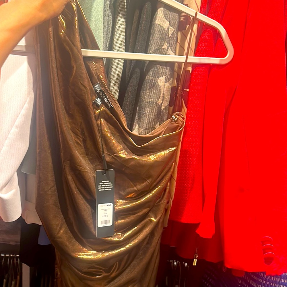 NWT Fashion Nova Dress size M, copper colored, one shoulder, form-fitting.